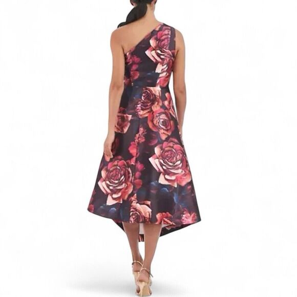 Kay Unger Iris Oxblood Multi Floral One-Shoulder Handkerchief Hem Midi Size 6 - Picture 2 of 13